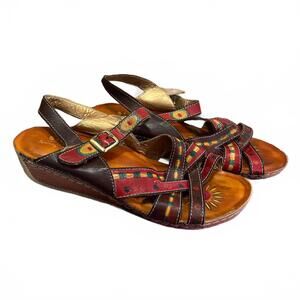 Spring Step L’Artiste DUnion Hand Painted Leather Slingback Wedge Sandals Sz 8.5